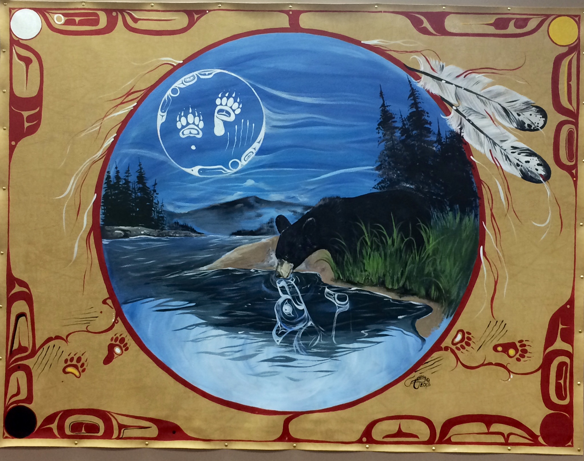 Artwork of a bear drinking water from river