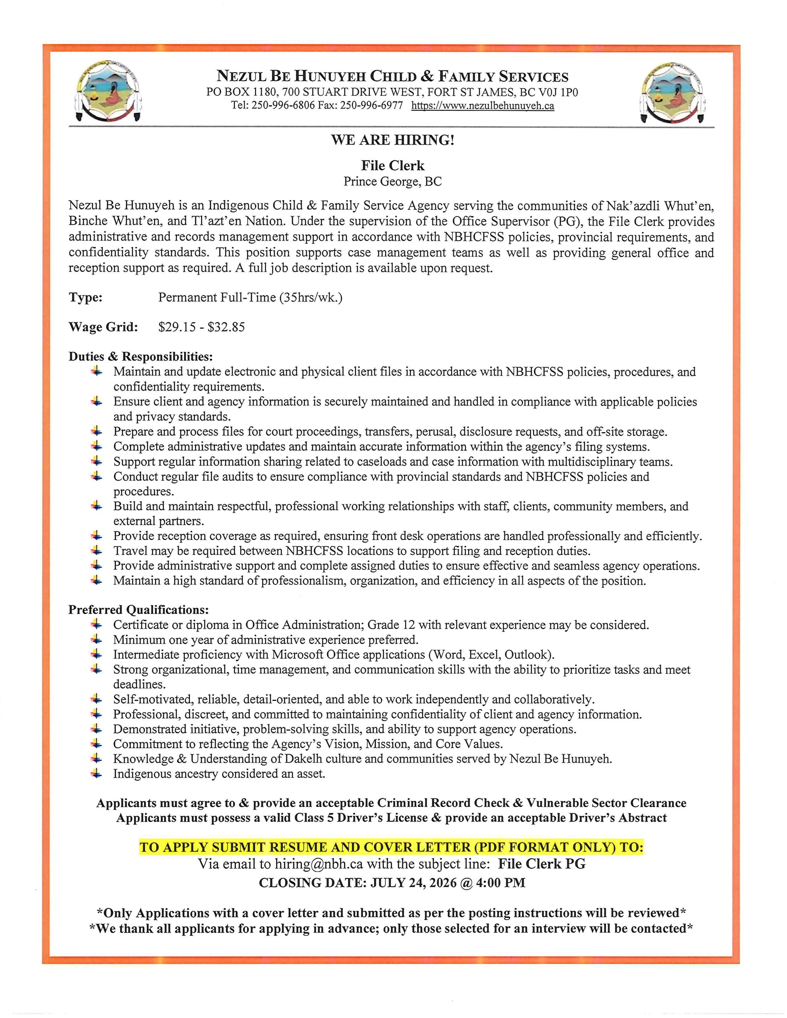 Job Opportunity File Clerk PG - Permanent 
