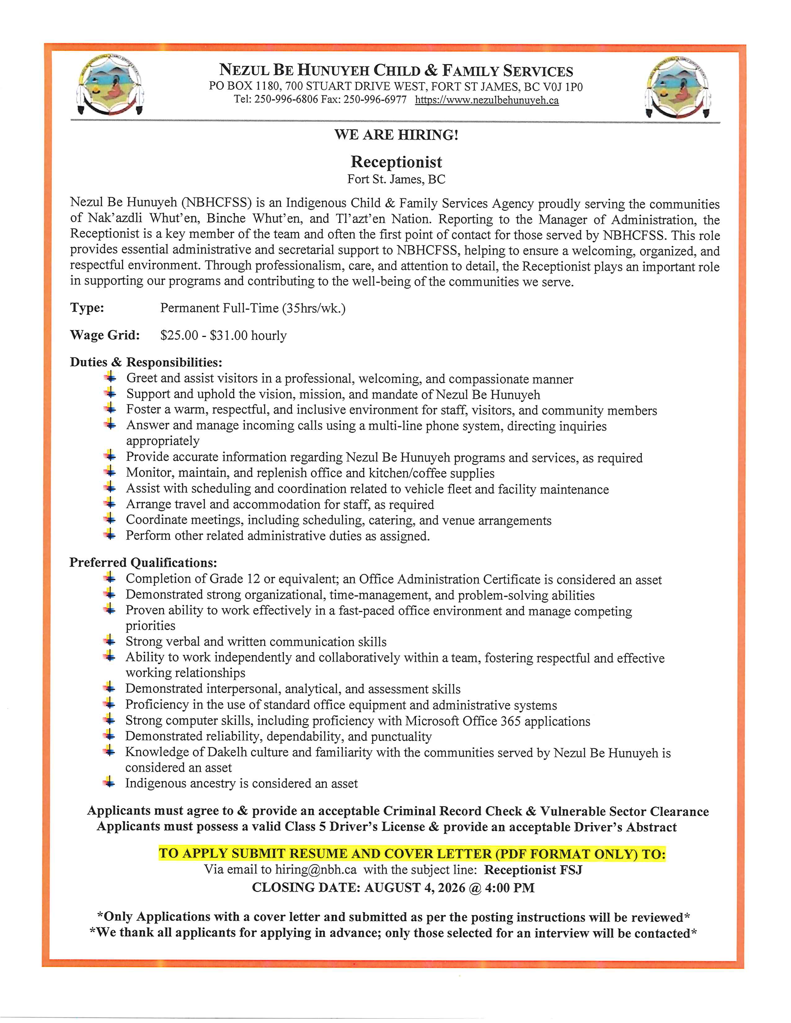 Receptionist - Fort St. James