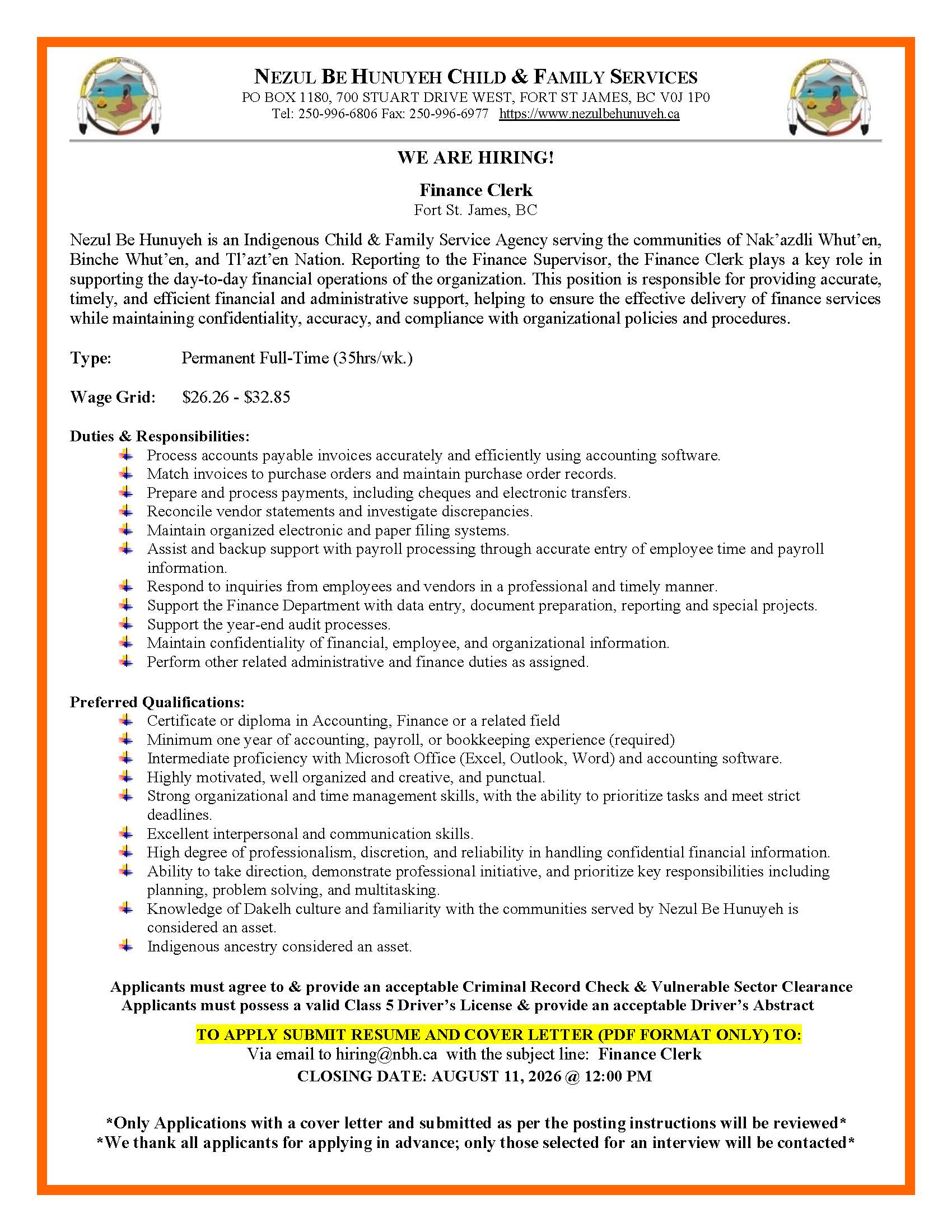 Finance Clerk Closing Date August 11, 2026