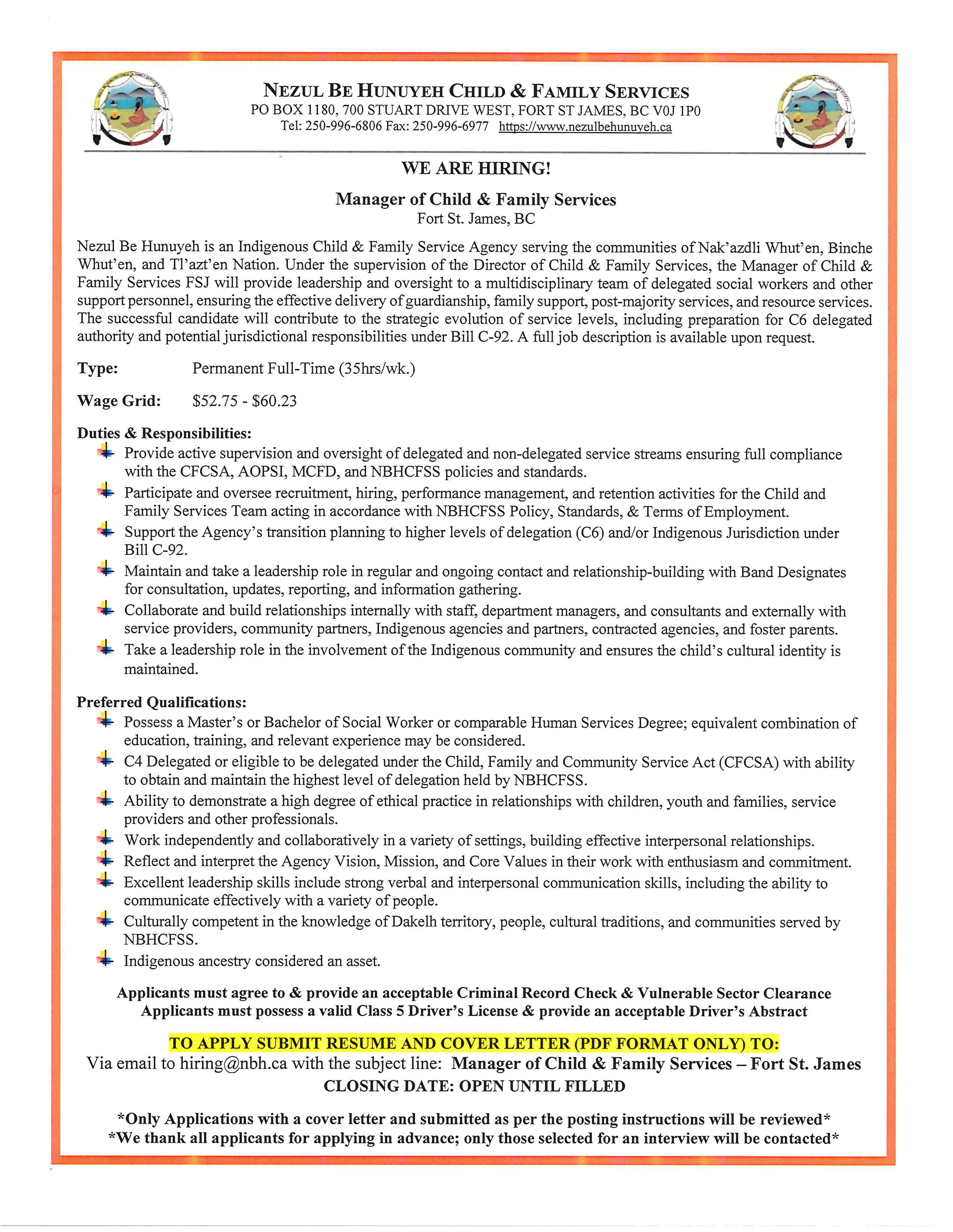 Job Posting Manager of Child & Family Services FSJ